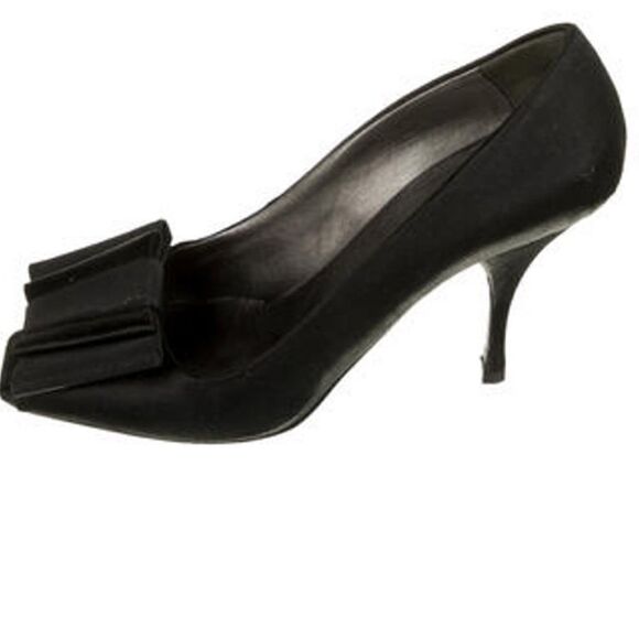 PRADA Black Peau de Soie Peep Toe Heels with Grosgrain Bows Size 6 - Picture 5 of 6